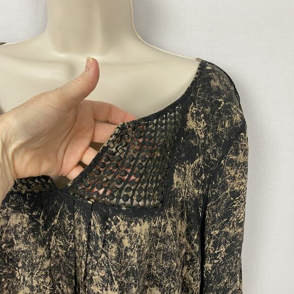 One World Blouse Womens 2X Black Beige Boho Crochet Trim Fairy Grunge Neutral - Picture 2 of 15